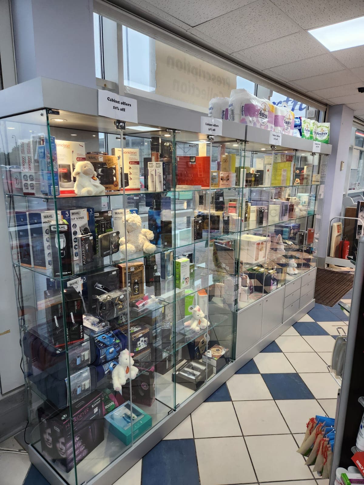 Retail floor inside Goshen Pharmacy with healthcare displays