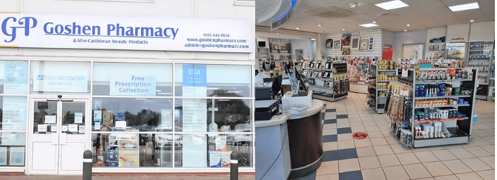 Goshen Pharmacy storefront and interior view